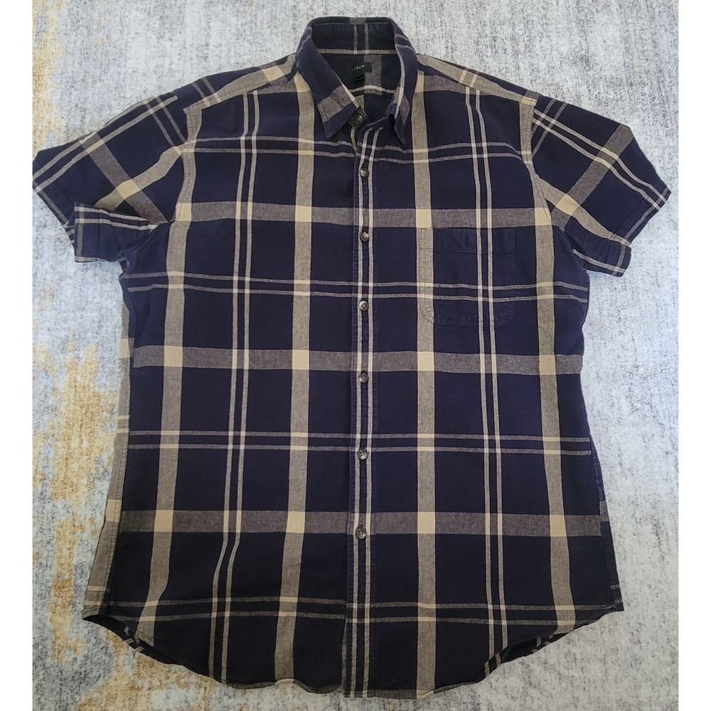 J Crew Mens Size Dark Blue Beige Plaid Button SS Button Up Shirt Size Large‎